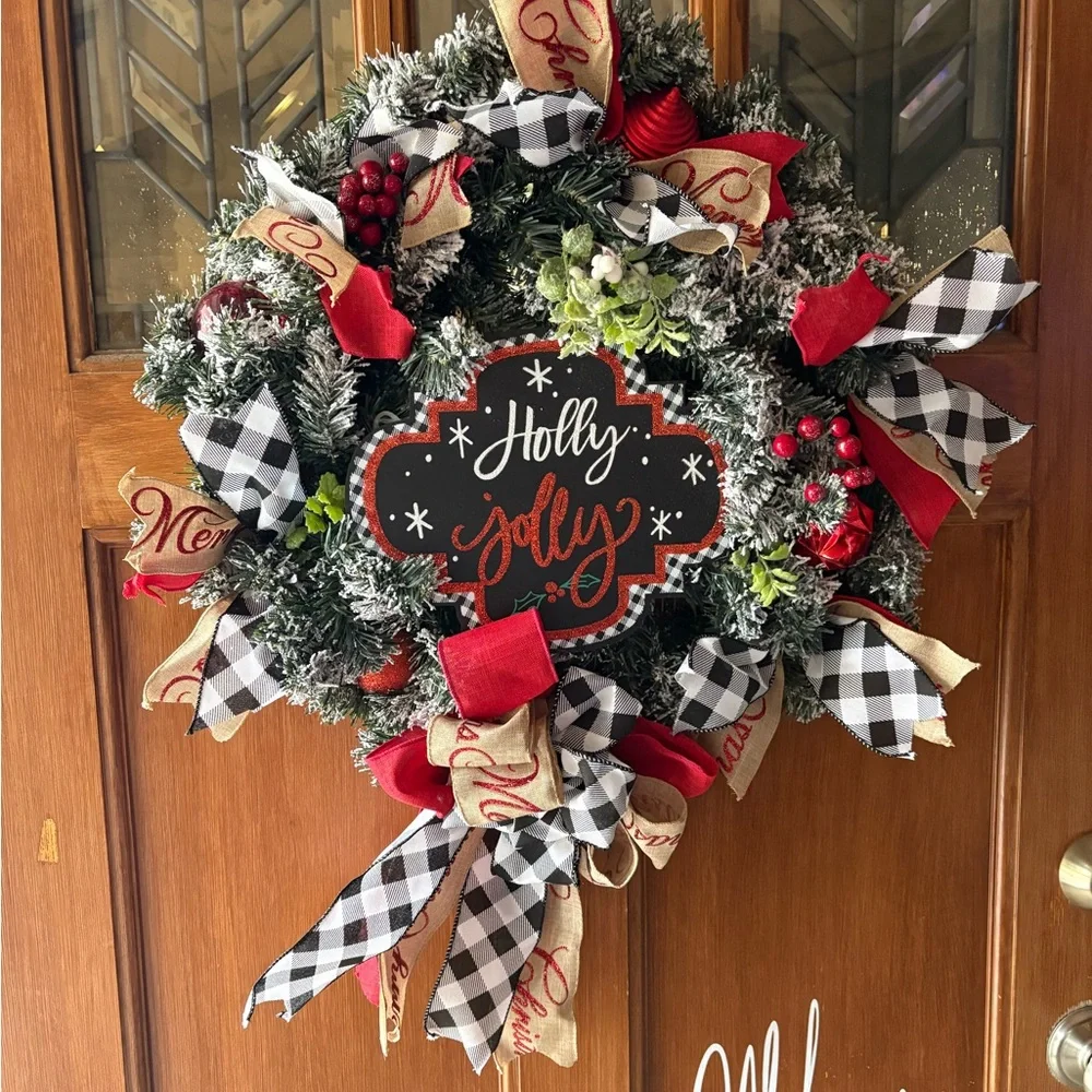 Holly Jolly Holiday Wreath with Red and Black Accents